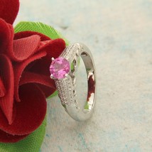 1.25 CT Round Pink Sapphire and CZ Solitaire Engagement Ring 925 Silver Size 7.5 - £58.15 GBP