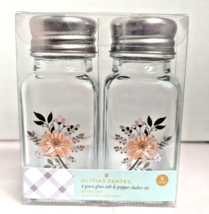 Olivia&#39;s Pantry Floral Glass Salt Pepper Shakers Square Stainless-Steel Lid - $26.34 CAD