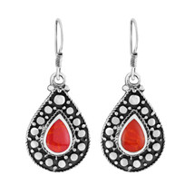 Casual Chic Dots Red Coral Teardrop Sterling Silver Dangle Earrings - £15.76 GBP