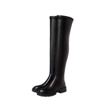 Krazing pot cow leather over-the-knee stretch boots med heels black round toe wi - £121.47 GBP