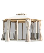 13&#39;x13&#39; Beige Hexagon Patio Gazebo Double Roof w/ Netting &amp; Curtains - $9,521.88 MXN