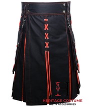 Scottish Handmade Hybrid Utility Kilt Men&#39;s Fashion Black &amp; Orange Cotton Kilt - £55.17 GBP+