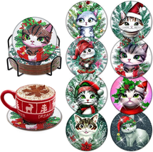 8 Pcs Christmas Cat Diamond Painting Coaster Kits with Holder DIY Diamond Art Co - £9.59 GBP