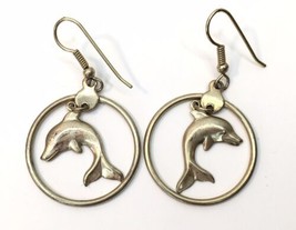 Dolphin Dangle Charm in Hoop Pierced Earrings Gold Tone Beach Ocean - £7.07 GBP