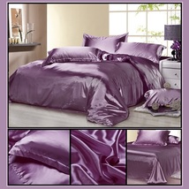 Luxury Lavender Mulberry Silk Satin Top Sheet Duvet w/ 2 Pillow Cases 4 Pc Set