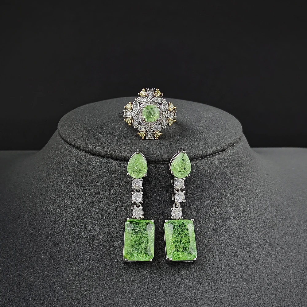 Trendy Green silver color bride Dubai Jewelry Set Drop Earring Open Ring for Wom - £18.37 GBP