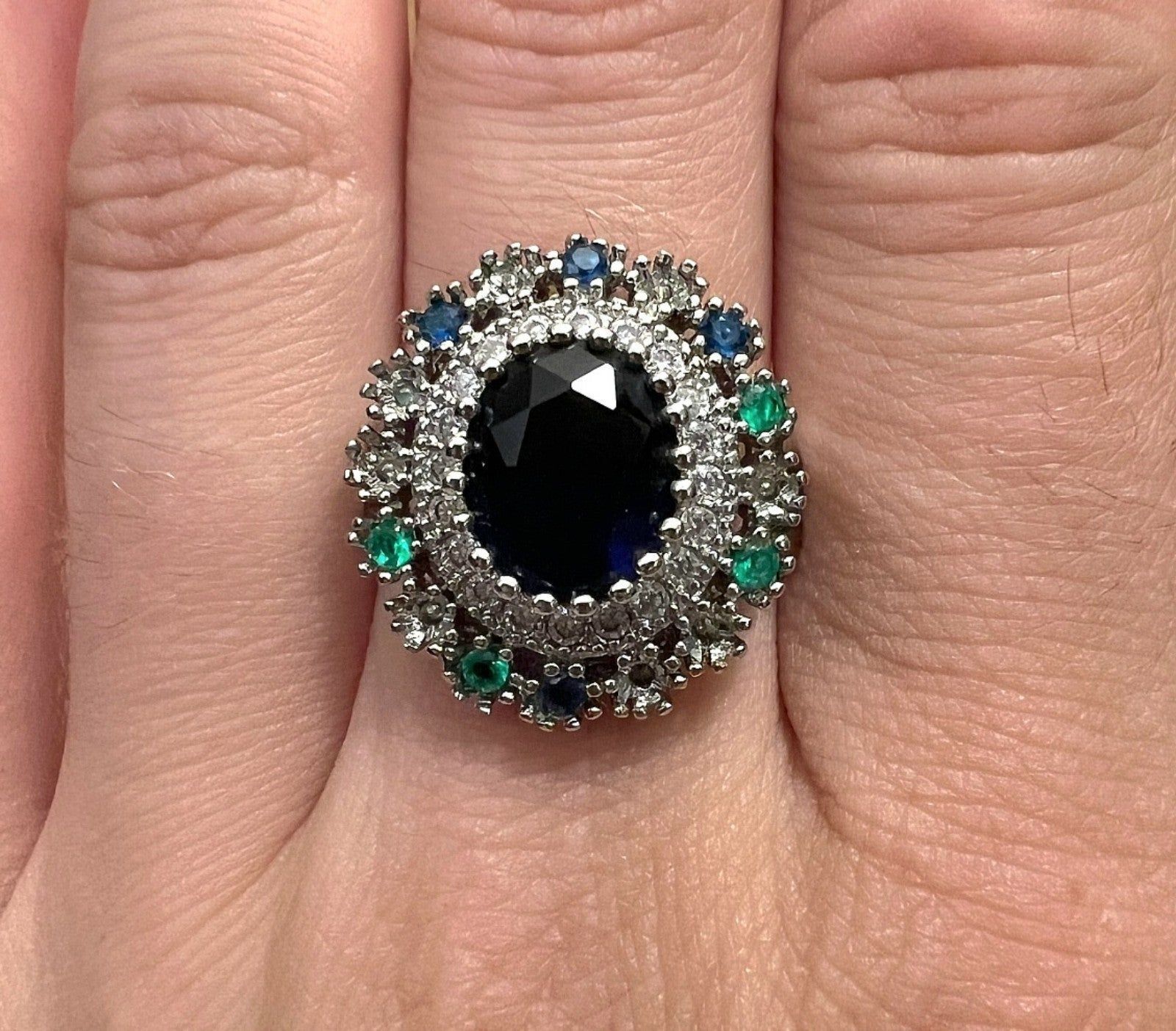 Blue Flower Type Ring Silver Colored Band Size 8-10 Approx Item image 7
