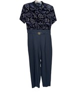 Vtg Womens JSJ Petites Black Velvet Paisley Belted Jumpsuit 90s Short Sl... - $49.49