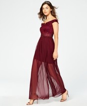 BCX Juniors Sparkle Lace Off The Shoulder Gown Color Burgundy Size 5 - £52.61 GBP