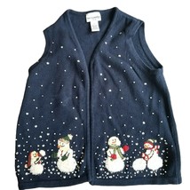 Breckenridge Womens Blue Vest Christmas Snowmen Holiday Cardigan Sweater... - £7.98 GBP