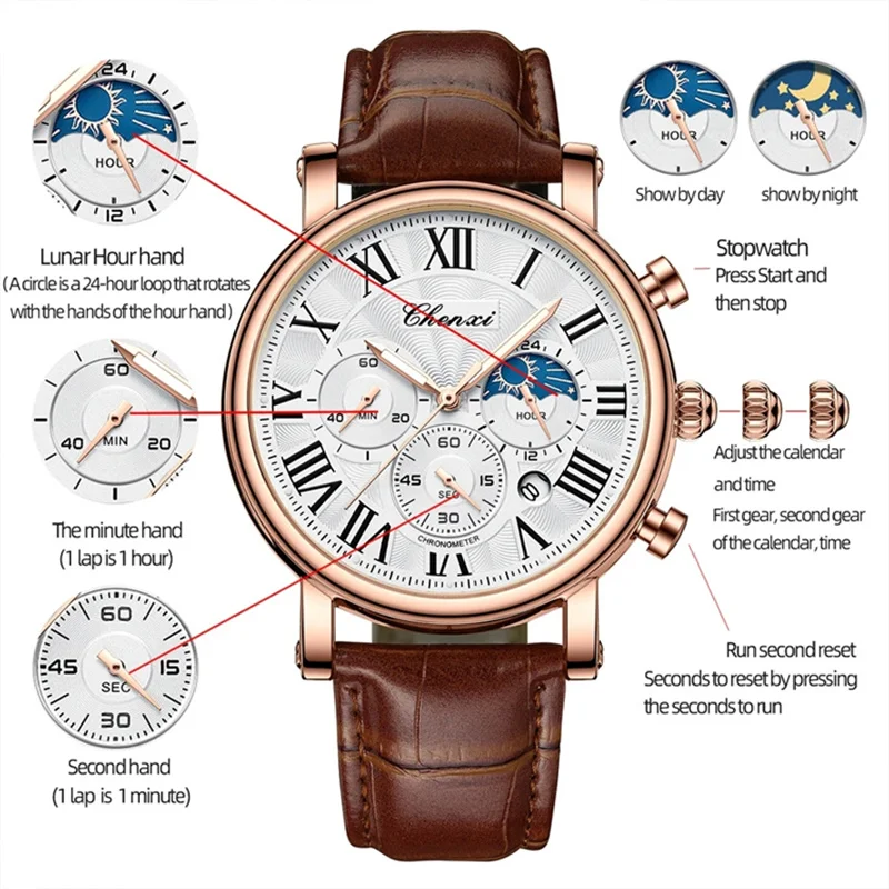 Multi-function Business Moon Phase Date Waterproof Rome Analog Import - £19.77 GBP+