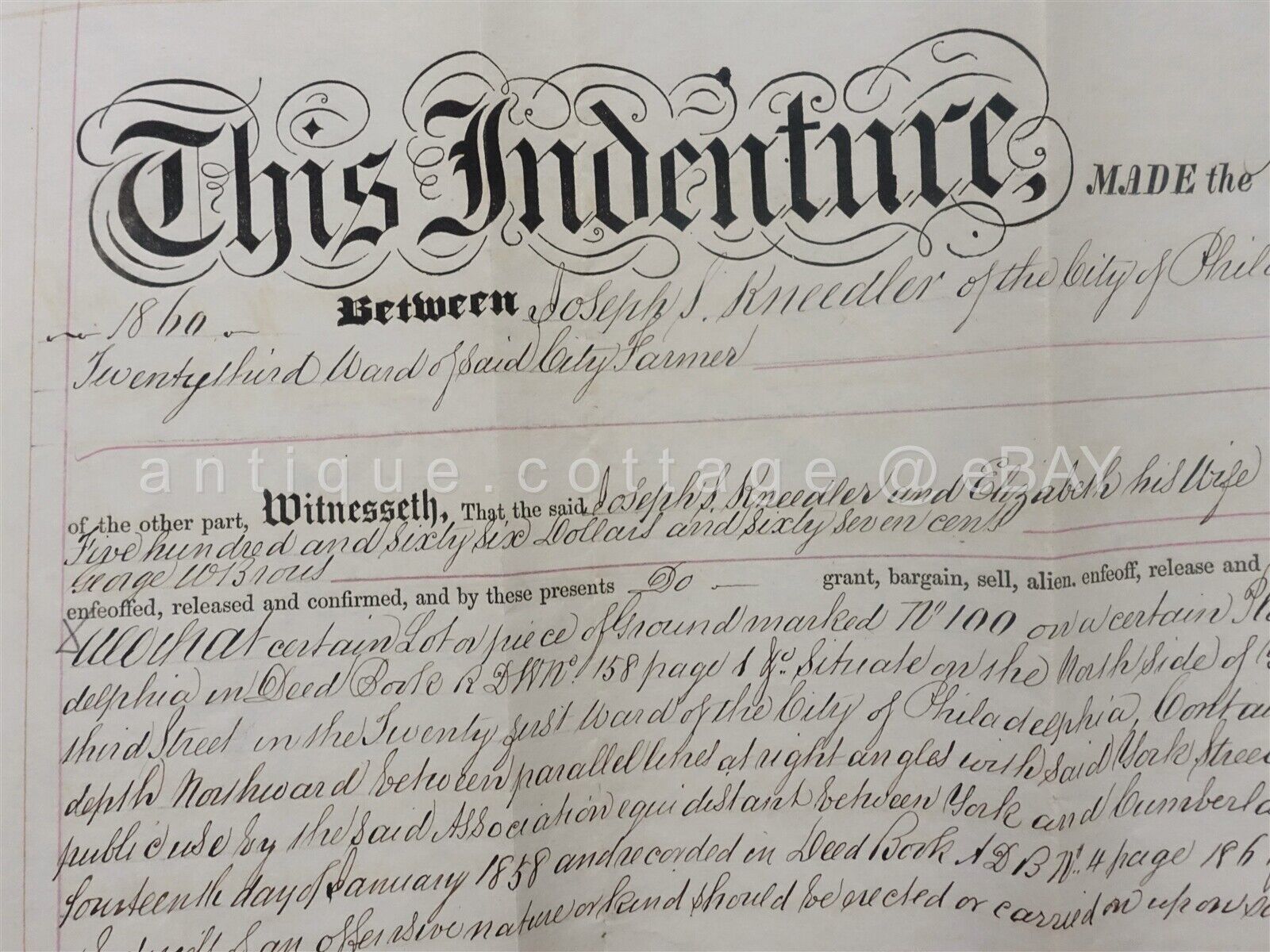 1854 antique DEED phila pa JOSEPH elizabeth KNEEDLER to W. BROUS