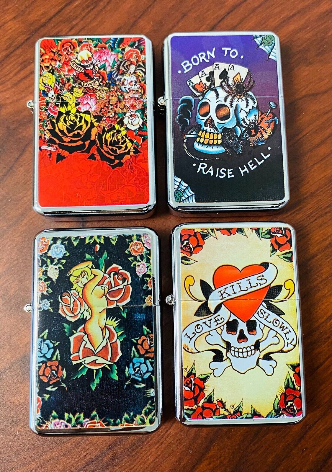 RETRO TATTOO ART STYLE SET OF 4 REFILLABLE FLIP TOP OIL LIGHTERS Y2K - $14.80