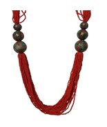 Ethnic Tribal Boho Necklace Multi-Strand Red Seed Bead Vintage Brass Cen... - $34.65