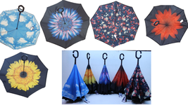 Inverted Upside Down Umbrella Rain C Handle Reverse Opening 2 Layer Inside Out - £18.08 GBP