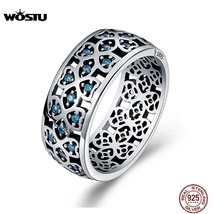 WOSTU Authentic 925 Sterling Silver Openwork Lucky Clover Blue Zircon Stone Wide - £18.50 GBP
