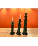 Set of 3 Handcrafted Tamegroute Green Ceramic Candlestick Holders - Vintage - $439.76
