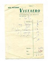 Hotel Restaurant Vistaero Receipt Roquebrune Cap Martin France 1950's - $13.86