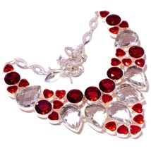 Clear Crystal, Red Apatite Gemstone 925SilverOverlay Handmade Red Heart Necklace - £63.49 GBP