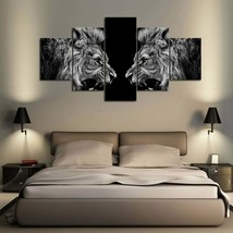 Multi Panel Print Lions Battle Canvas 5 Piece Wall Art African Black &amp; White   - £22.30 GBP+