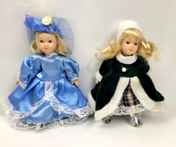 Miniature Porcelain Dolls Fancy Blue Dress &amp; Green Coat w/ Fur Set of 2 Dolls 5&quot; - £7.96 GBP
