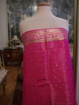 Magnificent Silk Satin Hot Pink Hand Sewn W/ Gold Tiny Sequins Bullion Border ++ - £44.03 GBP