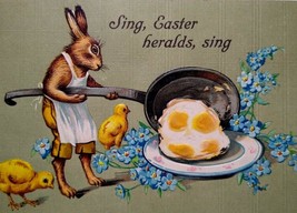 Easter Postcard Anthropomorphic Dressed Rabbit Cast Iron Skillet Cooks Eggs 358 - £22.27 GBP