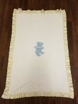 Quitex Blue Teddy Bear White Yellow Satin Trim Thick Baby BLANKET Quilt 32x47 - £19.91 GBP
