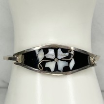 Vintage Alpaca Mexico Silver Tone Mother of Pearl Flower Hinge Bangle Br... - £19.32 GBP