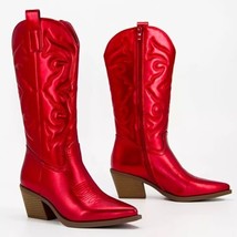 Women&#39;s Metallic Red Embroidered Western Mid-Calf Cowgirl Boots SZ 6-9.5 - £66.80 GBP