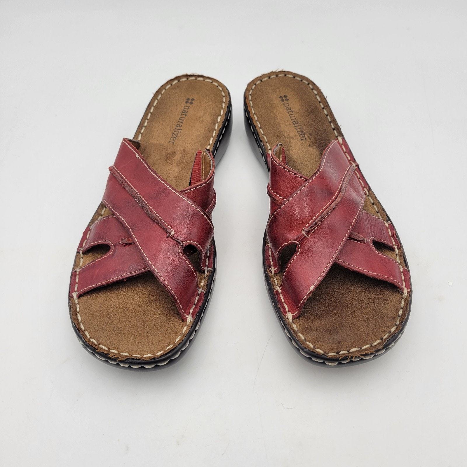 Naturalizer Sandals Women's SZ 7M Slides Brown Red Leather Flats Open Toe Shoe Item image 4