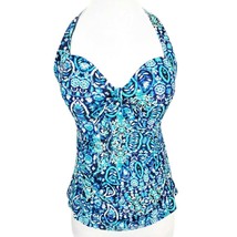 Merona Tankini Swim Top Sz Small Halter Blue Molded Cups Adj Tie Abstract Print - £15.12 GBP