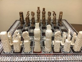 Antique Handmade Chess Pieces Set Carved bone Real Camel Bones in Bag - $485.00