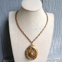 Antique Victorian Art Nouveau Brass Gold Tone Ornate Locket Necklace Wit... - £243.16 GBP