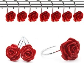 Shower Curtain Hooks Rose Design 12-PC Decorative Anti-Rust Bathroom Rings Red - £15.00 GBP