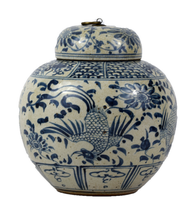 Blue and white Vintage Style Porcelain Rounded Jar Phoenix Motif 10&quot; H - £109.21 GBP