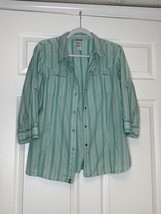 The North Face Snap Shirt Women&#39;s Large Light Blue Striped 3/4 Sleeve Ou... - $17.95