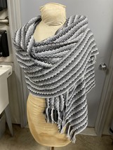 Crochet Shawl Vintage Knit Wrap Rectangle FRINGE Hippy 1970s ￼21x60 Grey... - £6.23 GBP