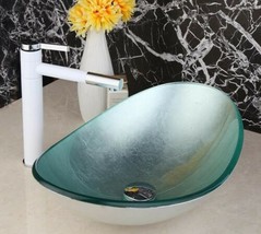 Handpainted Glass Oval Bathroom Basin Sink w/ White Swivel Tap Faucet Set - £171.55 GBP