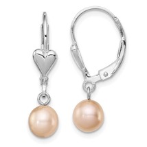 Sterling Silver Freshwater Cultured Pink Pearl &amp; Heart Leverback Earrings - £48.90 GBP