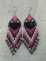 Hot pink, light pink, black, &amp; white Fringe Glass Sead Bead Earrings - Handmade - £23.87 GBP