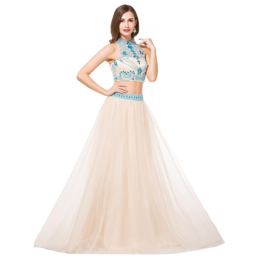 Kivary? Champagne Tulle Halter 2 Pieces Crystals Pearls Lace Backless Formal Eve