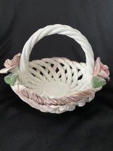 Ceramic Woven Basket with Roses - Vintage Handmade Porcelain Italian Art Pottery - £15.62 GBP