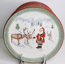 4 Dinner Plates Christmas Santa and Reindeer Folk Art New - £47.78 GBP