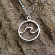 WAVE NECKLACE 0.75&quot; Round Pendant 18&quot; Chain Beach Ocean Surf Outdoor Adventure - £6.35 GBP