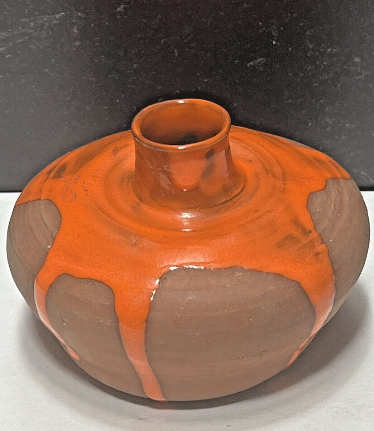 Primary image for Vintage MCM STONEWARE Vase Orange Drip Lava Glaze Over Natural Tan Glaze Signed