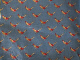 Joan Kessler Blue Grey Cotton Lightweight Fabric/Red and Gold Pheasants 2 1/2 yd - £12.19 GBP