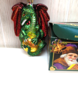 Old World Christmas Fantasy Dragon Glitter Blown Glass Ornament Green Red - £19.70 GBP