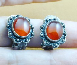 Signed Sterling Carnelian Agate Clip Earrings ESTATE - £23.97 GBP