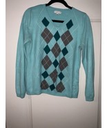 Womens CROFT &amp; BARROW LONG SLEEVE ARGYLE SWEATER Aqua V NECK Medium - $24.81 CAD